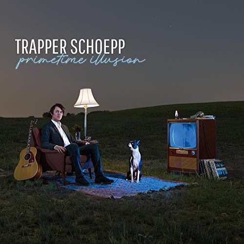 Album cover: man with guitar, dog, lamp, and vintage TV in a field.