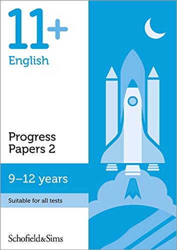 Book cover: “11+ English Progress Papers 2” with rocket illustration.