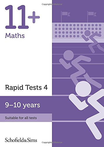 Purple book cover with "11+ Maths Rapid Tests 4" and running figures.