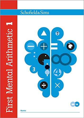 Front cover of First Mental Arithmetic Book 1 featuring a blue brain-shaped math graphic.