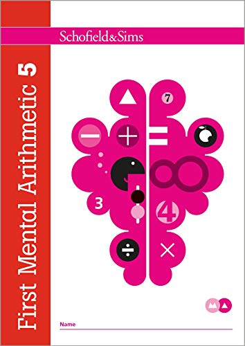 Front cover of First Mental Arithmetic Book 5 featuring a pink brain-shaped math graphic.