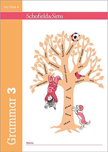 Book cover featuring a tree with grammar terms, a child, a dog, and bird.