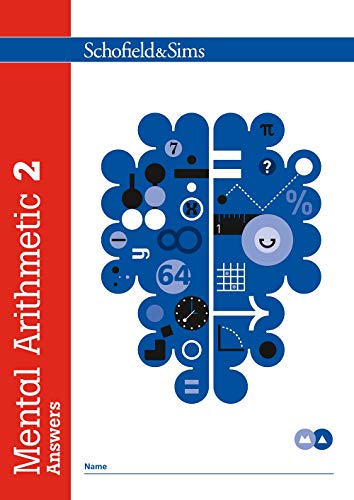 Book cover: “Mental Arithmetic Book 2 Answers” with math symbols and a brain design.