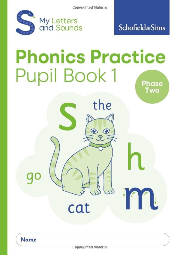Phonics practice book cover with a cat, letters, and green background.