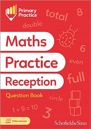 Red maths practice book for Reception age children, with illustrated elements.