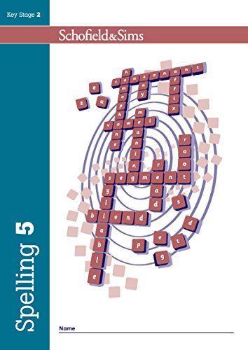Cover of Schofield & Sims Spelling Book 5 featuring a crossword-style word puzzle design.