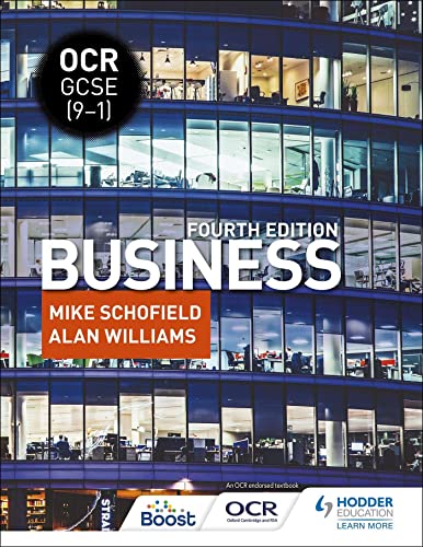 Textbook cover for OCR GCSE Business, fourth edition, with office building backdrop.