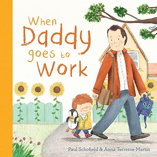 Children’s book cover: father and son walking with a penguin and toy.