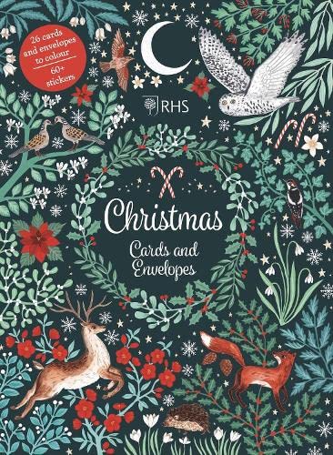 Christmas cards with deer, birds, and foliage in a dark botanical style.