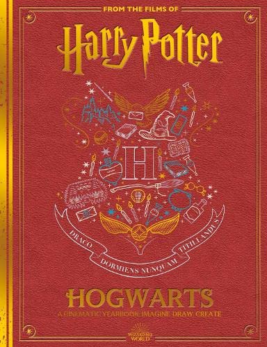Red “Hogwarts” yearbook cover with golden Harry Potter emblems and text.