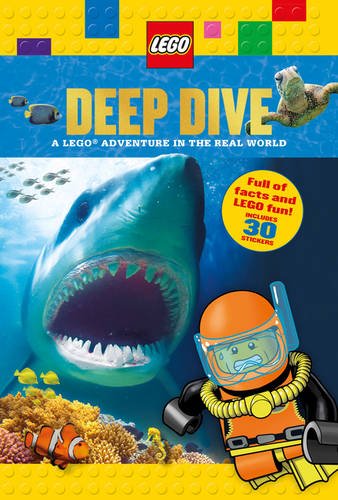 LEGO book cover featuring a shark, diver minifigure, and coral reef.