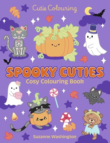 Spooky Cuties" colouring book cover with ghosts, pumpkins, and animal characters.