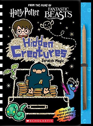 Harry Potter book cover featuring magical creatures and a scratch-off design.
