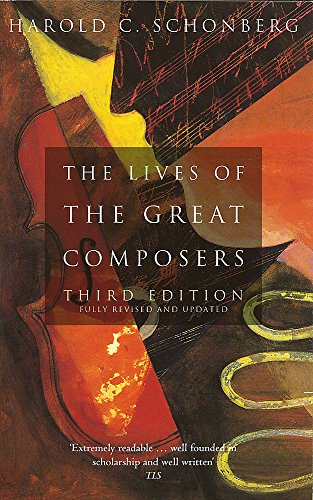 Book cover for The Lives of the Great Composers featuring abstract musical instrument illustrations.