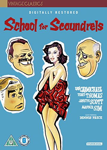 DVD cover for "School for Scoundrels" featuring cartoon faces and a woman.