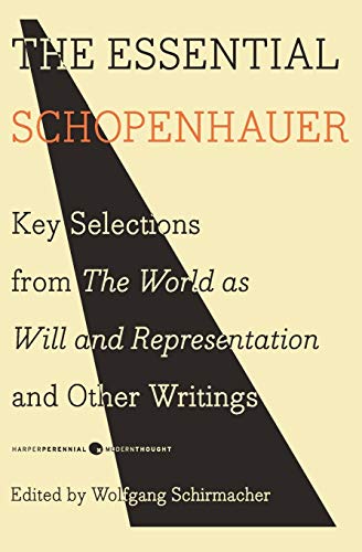 Book cover for The Essential Schopenhauer with a large black diagonal wedge on cream.
