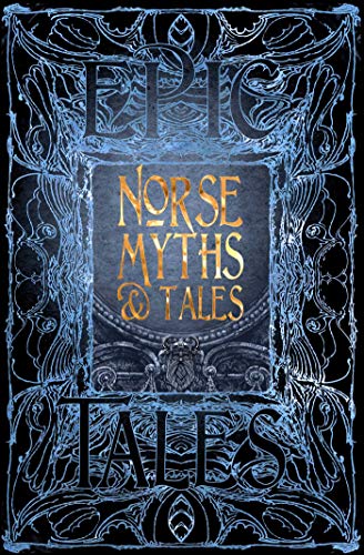 Book cover for Norse Myths & Tales with gold text and blue ornamental border.