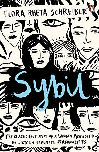 Book cover featuring stylized black and white faces with the title Sybil in blue.