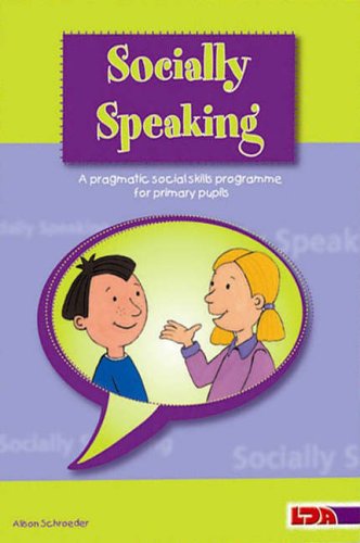 Book cover titled Socially Speaking featuring an illustration of two children talking in a bubble.