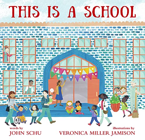 Children and adults gather at a blue brick school building.