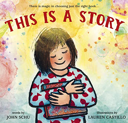 Child hugging a colorful book with the title "This Is a Story".