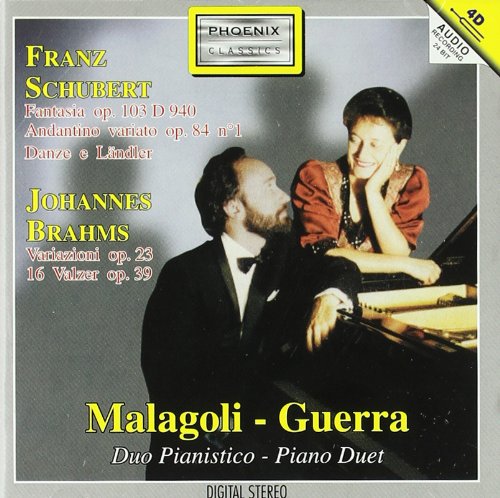 CD cover featuring portraits of composers Schubert and Brahms, with piano keys.