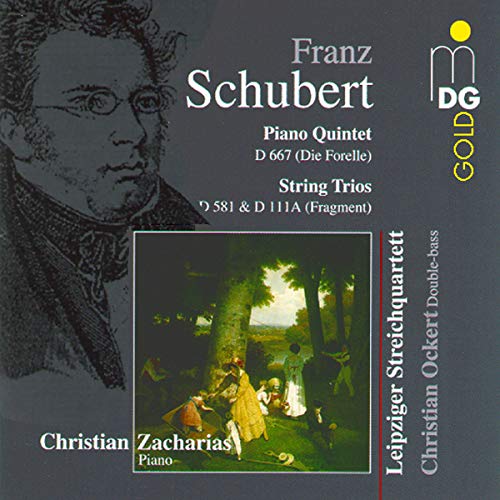 CD cover for Schubert's Piano Quintet featuring portraits and a forest scene.