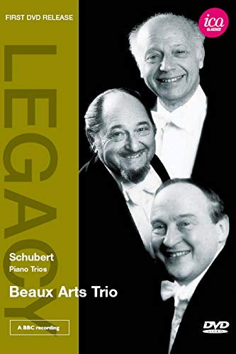 DVD cover featuring three smiling musicians, labeled "Schubert: Piano Trios.