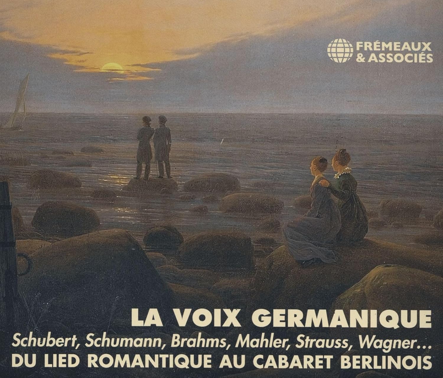 Painting of people on a rocky shore at sunset with album title text.