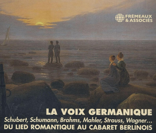 Painting of people on a rocky shore at sunset with album title text.