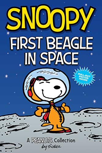 Snoopy in an astronaut suit standing on the moon on a book cover.