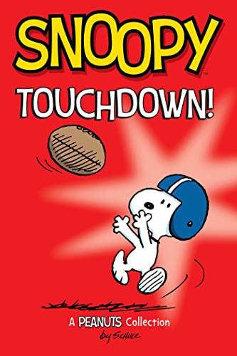 Snoopy in a football helmet reaching for a flying football on red background.