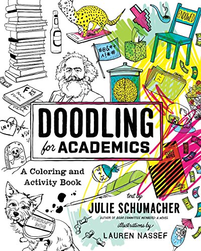 Book cover with colorful doodles, text reading "Doodling for Academics," and portraits.
