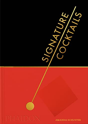 Book cover with black top, red bottom, and gold text reading Signature Cocktails.