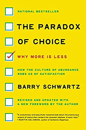 Yellow book cover with checkboxes, titled “The Paradox of Choice” by Barry Schwartz.