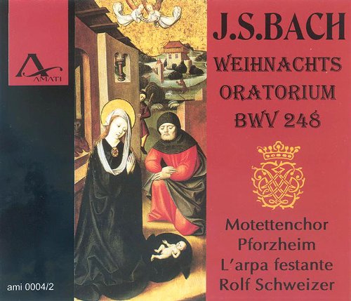 "CD cover with red background and medieval painting of Mary and another figure."