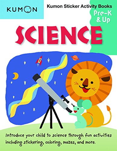 Kumon science activity book cover with lion, mouse, telescope, and space.