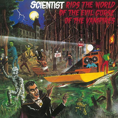 Album cover depicting a vampire, monsters, and a yellow boat in a forest.