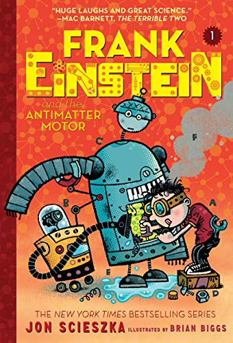 A boy with goggles works on a large blue robot against an orange background.