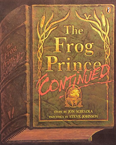 Dark book cover, gold lettering reads "The Frog Prince Continued," face inside wreath.