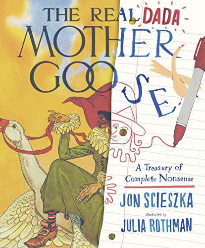 Book cover featuring illustrated Mother Goose and a scribbling pen.