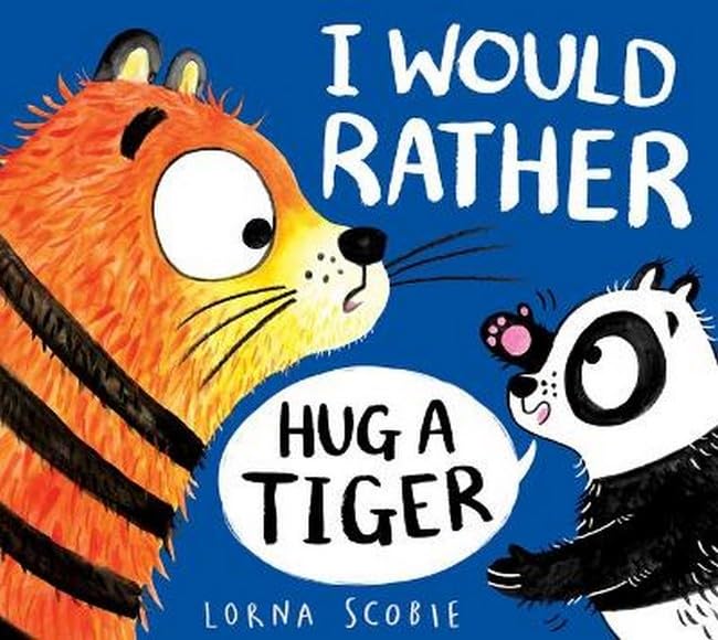 Book cover: orange tiger and panda face-to-face, speech bubble reads "HUG A TIGER".