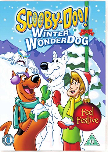Scooby-Doo, Shaggy, and a white dog in a snowy mountain landscape with festive decorations.