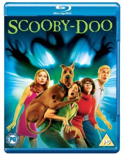 Scooby-Doo and the human cast on a Blu-ray cover with a ghostly background.