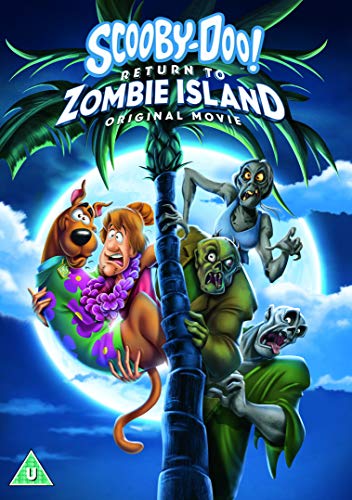 Scooby-Doo and Shaggy hide behind a palm tree from three zombies under a moon.
