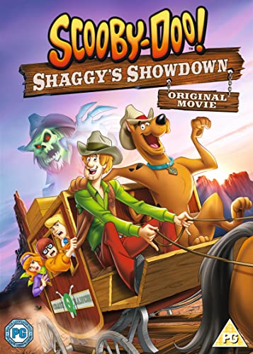 Scooby-Doo characters Shaggy and Scooby ride a wagon, facing a ghost.