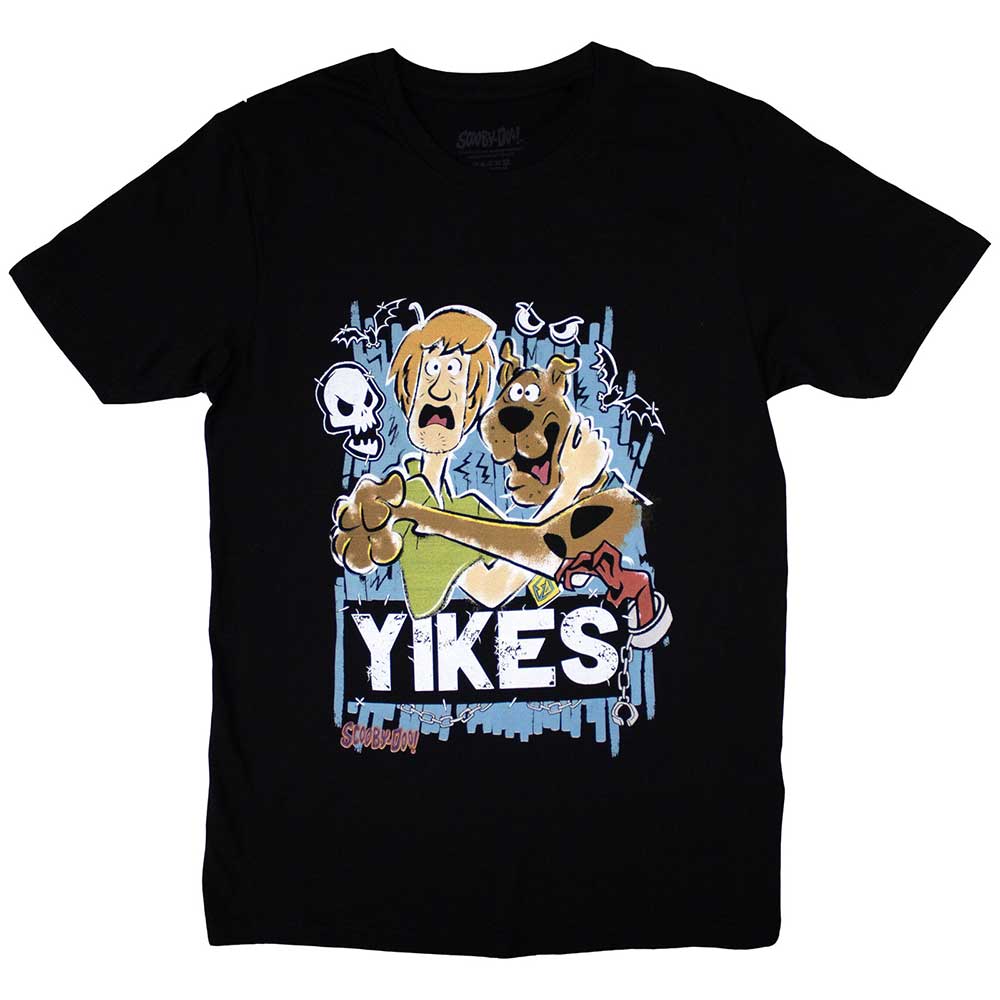 Small blue t-shirt with Scooby Doo saying "Yikes!" in yellow lettering.