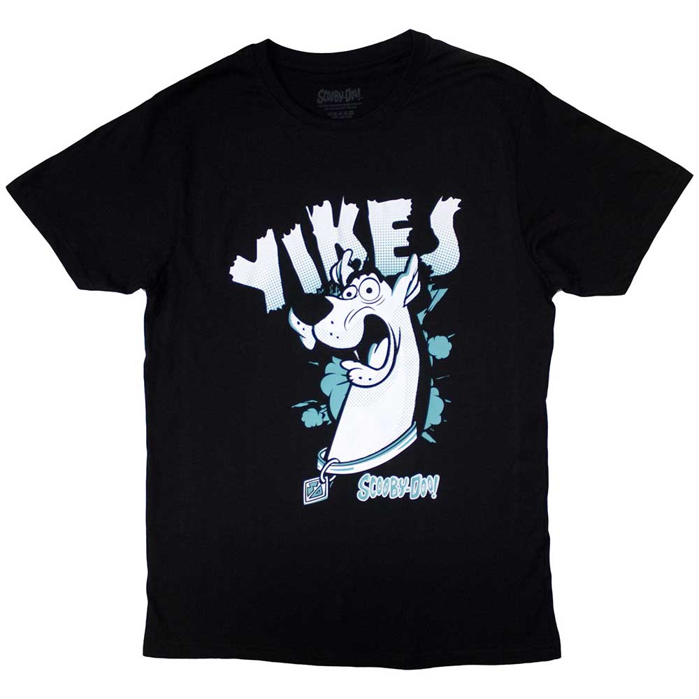 Blue t-shirt featuring Scooby Doo with a surprised expression, size large.
