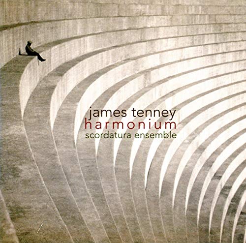 CD cover with a lone figure on a concrete amphitheater, text “James Tenney Harmonium”.