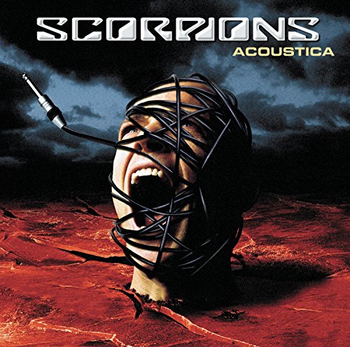 Scorpions Acoustica CD cover: head encased in wires, screaming, stormy background.